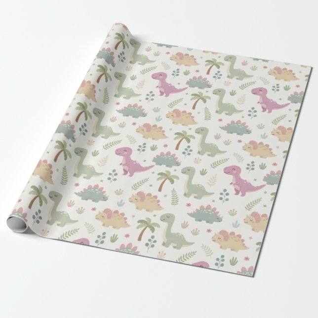 Hand-Drawn Illustrations Pastel Friendly Dinosaurs Wrapping Paper (Unrolled)