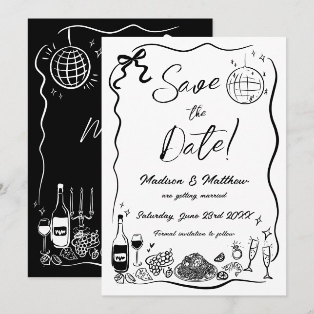 Hand Drawn Illustrations Scribble Doodles Wedding  Save The Date (Front/Back)