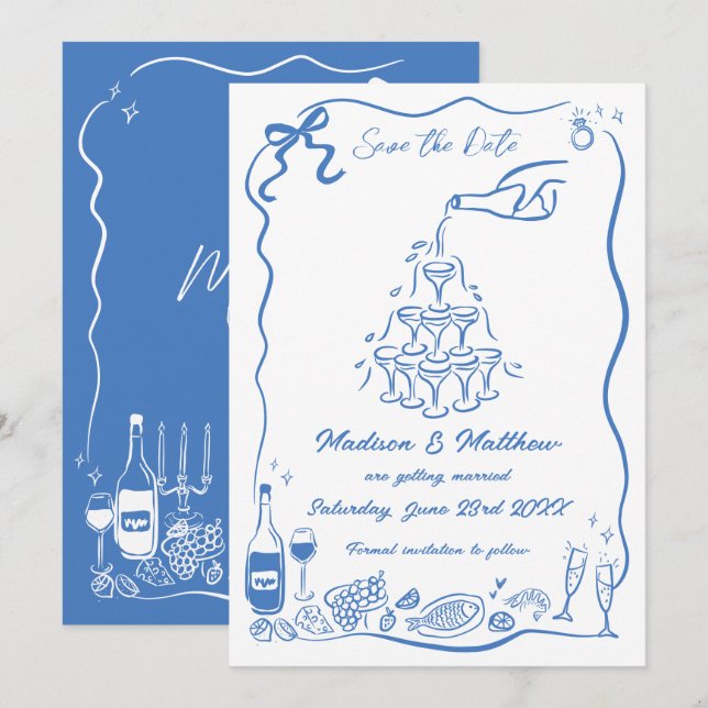 Hand Drawn Illustrations Scribble Doodles Wedding Save The Date (Front/Back)