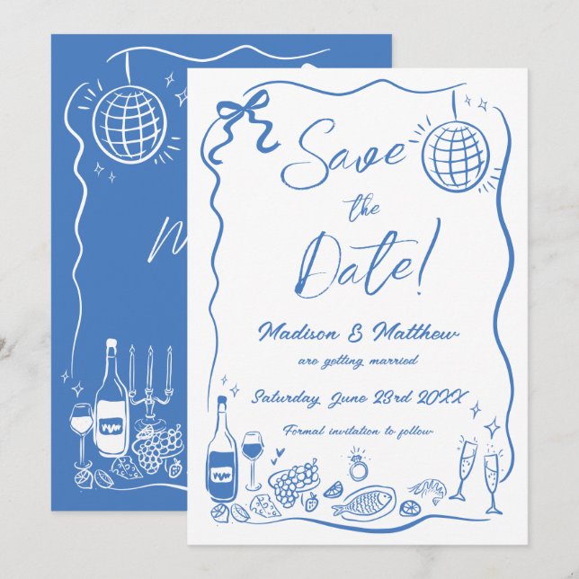 Hand Drawn Illustrations Scribble Doodles Wedding  Save The Date (Front/Back)