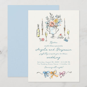 Hand Drawn Illustrations Whimsical French Wedding Invitation