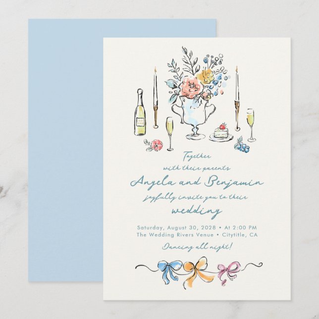 Hand Drawn Illustrations Whimsical French Wedding Invitation (Front/Back)