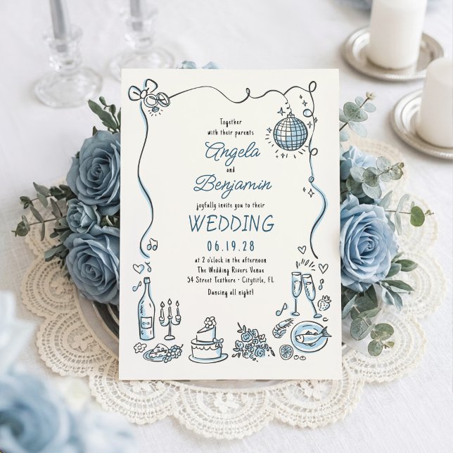 Hand Drawn Illustrations Whimsical Retro Wedding Invitation (
dusty blue wedding invitation)