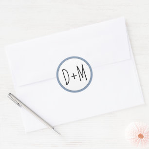 Hand drawn initials typography dusty blue wedding classic round sticker