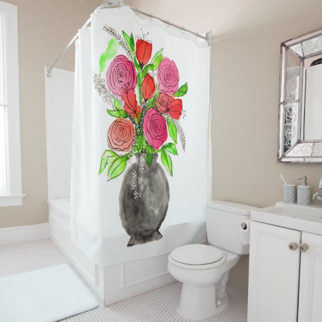 Hand drawn Ink Doodle Pink & Red Watercolor Floral (In Situ)
