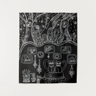 Hand-drawn intricate cats tapestry