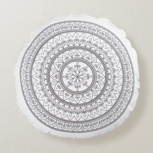 Hand Drawn Intricate Mandala Art For Colouring In Round Pillow (Front)