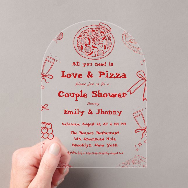 Hand Drawn is love & Pizza Bridal Shower  Acrylic Invitations (Insitu (Handheld))