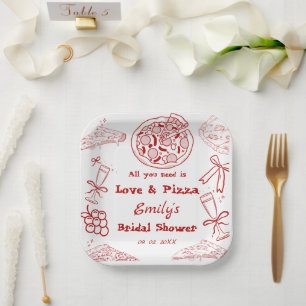 Hand Drawn is love & Pizza Bridal Shower Paper Plate