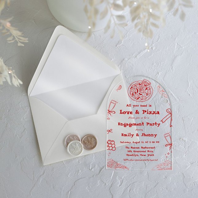 Hand Drawn is love & Pizza Engagement Party Acrylic Invitations (Creator Uploaded)
