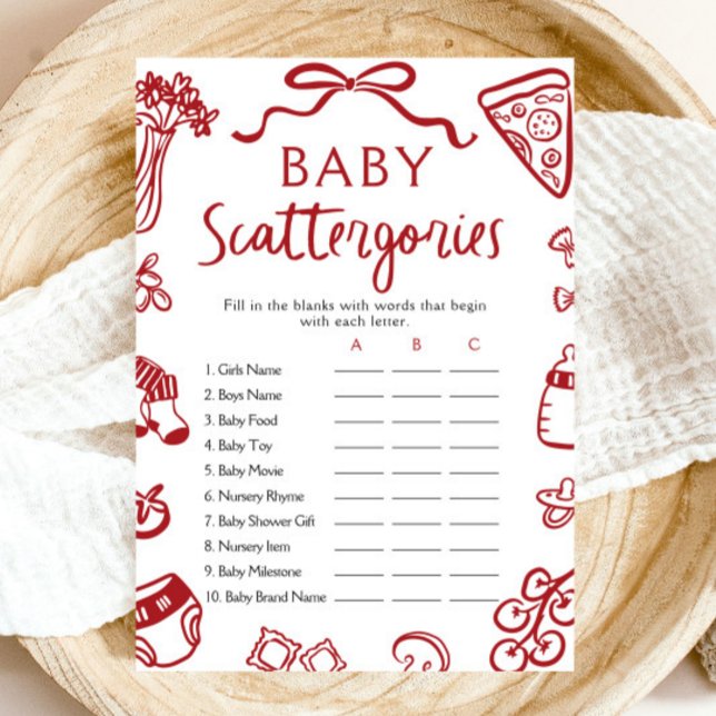 Hand Drawn Italian Baby Shower Scattergories Game Invitation (Hand Drawn Italian Baby Shower Scattergories Game)
