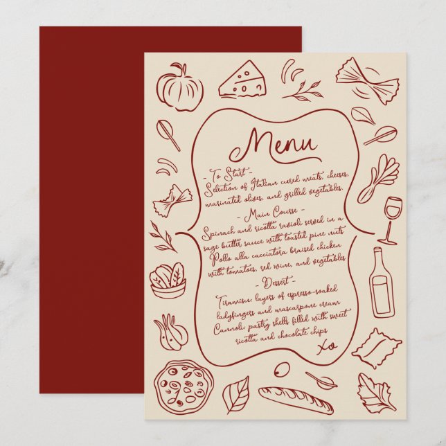 Hand Drawn Italian Wedding Menu (Front/Back)