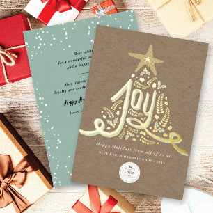 Hand Drawn Joy Calligraphy Rustic Foliage Business Foil Holiday Card