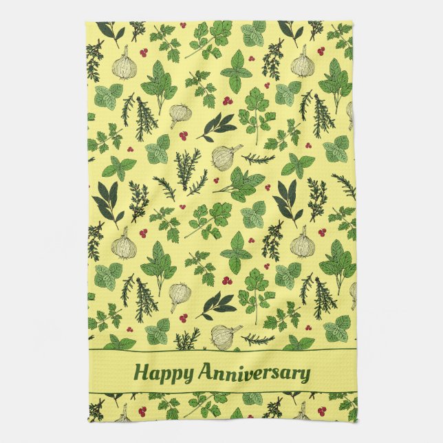 Hand Drawn Kitchen Herbs Patterned Cream Kitchen Towel (Vertical)