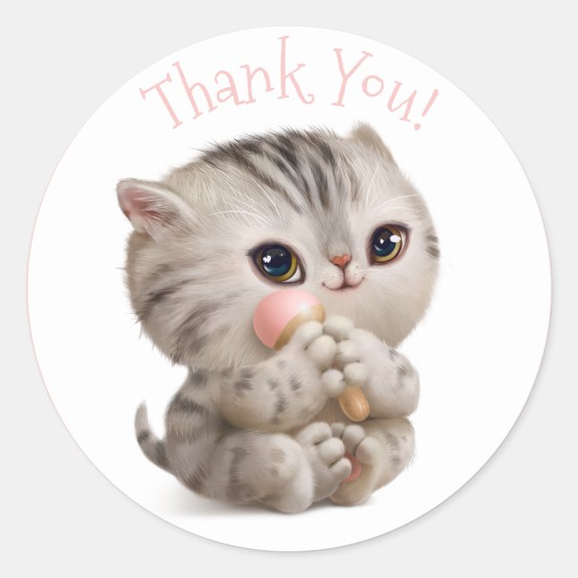 Hand Drawn Kitten with Thank You Typography Classic Round Sticker (Front)