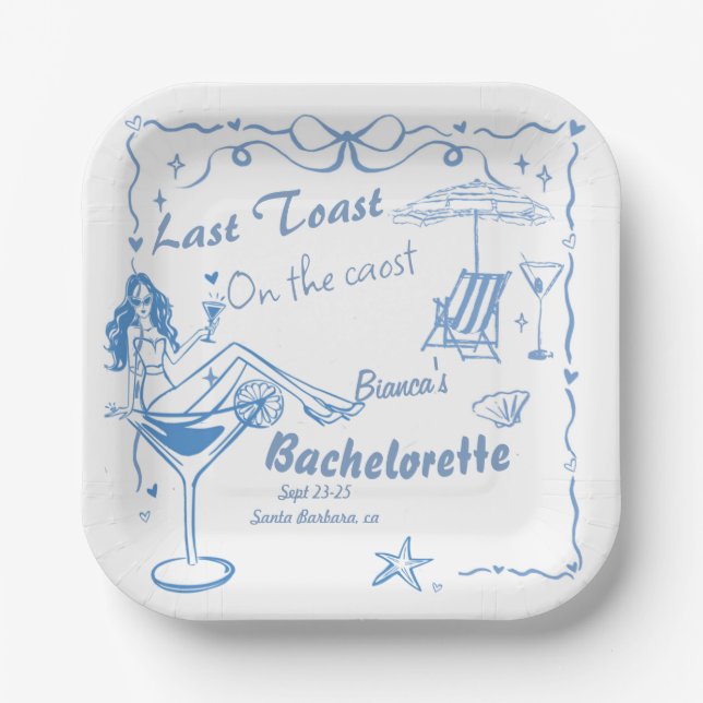 Hand Drawn Last Toast On The Coast Bachelorette  Paper Plate (Front)