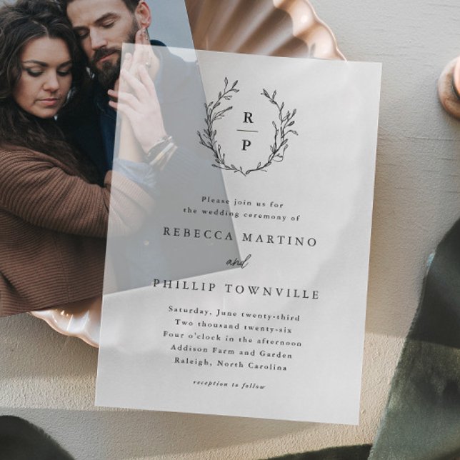 Hand Drawn Laurel Wreath Monogram Wedding Vellum Invitations (Elegant hand drawn wreath greenery monogram vellum wedding invitation. Use with photo or on its own.)