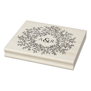Hand drawn leaf monogram couple initials wedding rubber stamp