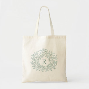 Hand drawn leaf monogram initial sage grey green tote bag