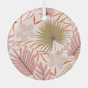 Hand Drawn Leaves: Exotic Jungle Pattern. Glass Ornament