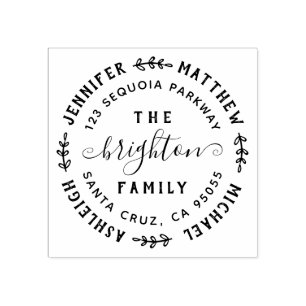 Hand Drawn Leaves Family Names & Return Address Rubber Stamp