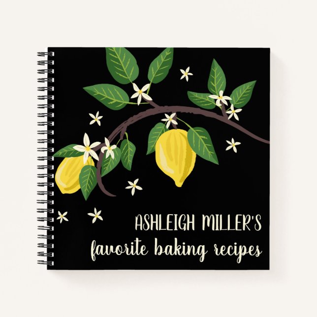 Hand Drawn Lemon Branch Black Recipe Notebook (Front)