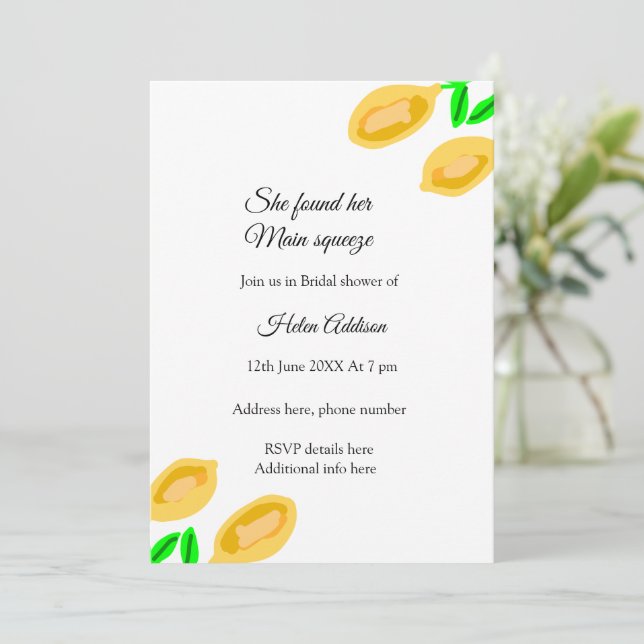 hand drawn lemon leaves add QR bridal shower Invitation (Standing Front)