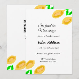 hand drawn lemon leaves add QR bridal shower Invitation