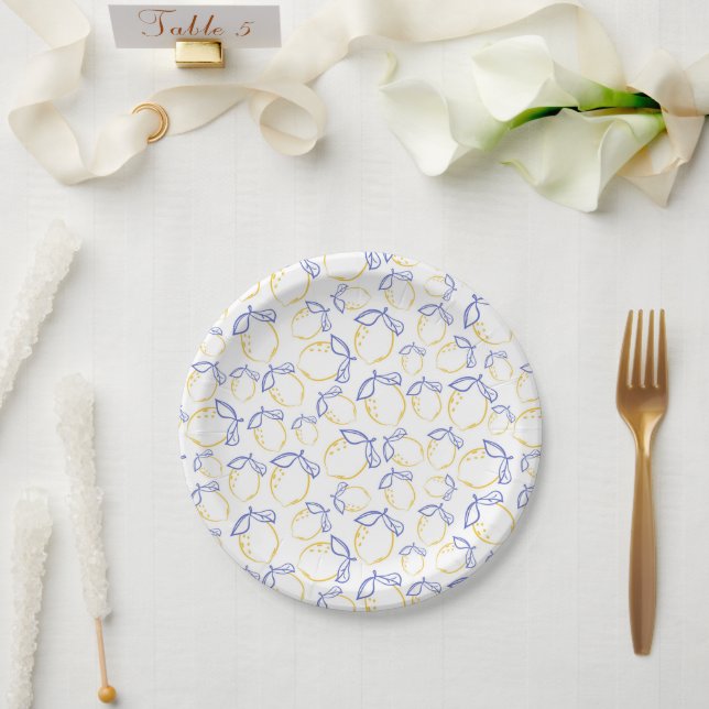Hand Drawn Lemon Pattern Paper Plates (Wedding)