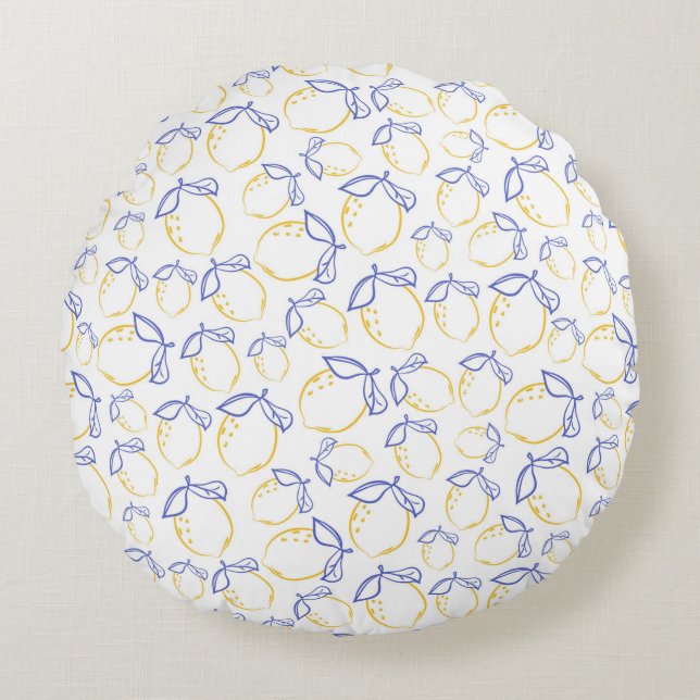 Hand Drawn Lemon Pattern Round Pillow (Front)