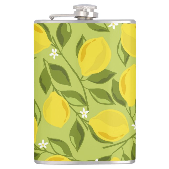 Hand Drawn Lemons Colourful Wallpaper Hip Flask (Front)