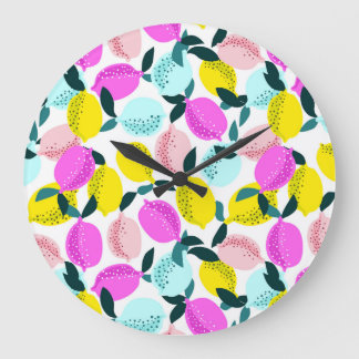 Hand Drawn Lemons Vintage Pattern Large Clock