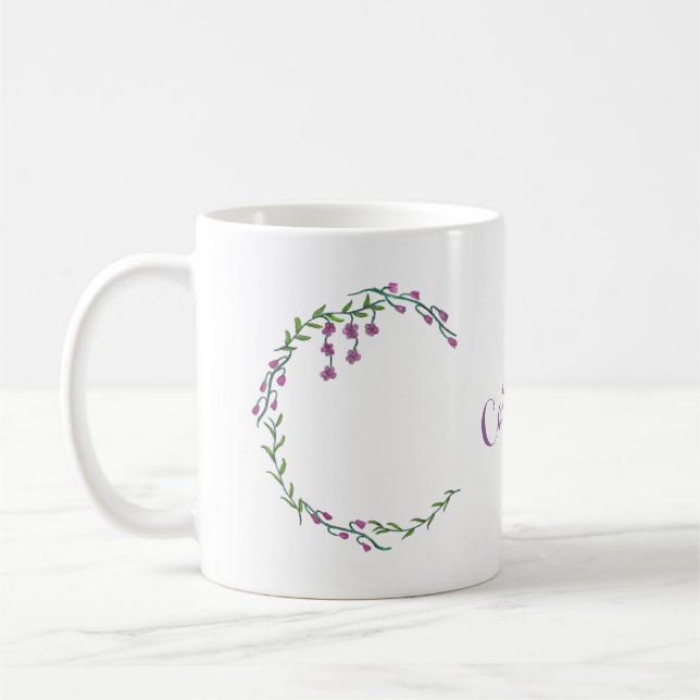 Hand Drawn Letter C Initial Monogram Vines Flowers Coffee Mug (Left)