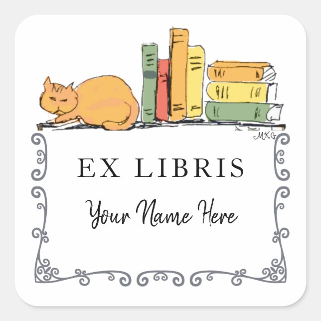 Hand-Drawn Library Cat on Bookshelf Cute Bookplate Square Sticker (Front)