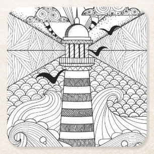 Hand Drawn Lighthouse Doodle Square Paper Coaster