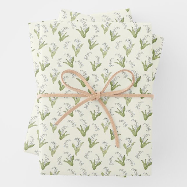 Hand-Drawn Lily of the Valley Pretty Spring Floral Wrapping Paper Sheet (In situ)
