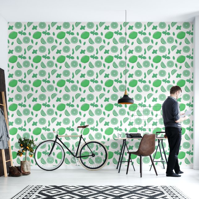 Hand Drawn Lime and Mint Botanical Seamless Patter Wallpaper (Living Room)
