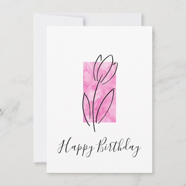 Hand Drawn Linear Tulip, Pink Watercolor Abstract  Card (Front)