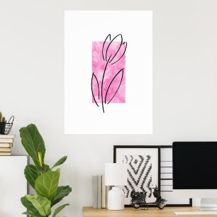 Hand Drawn Linear Tulip, Pink Watercolor Abstract  Poster