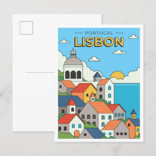 Hand Drawn Lisbon Portugal Art Vintage Travel Postcard