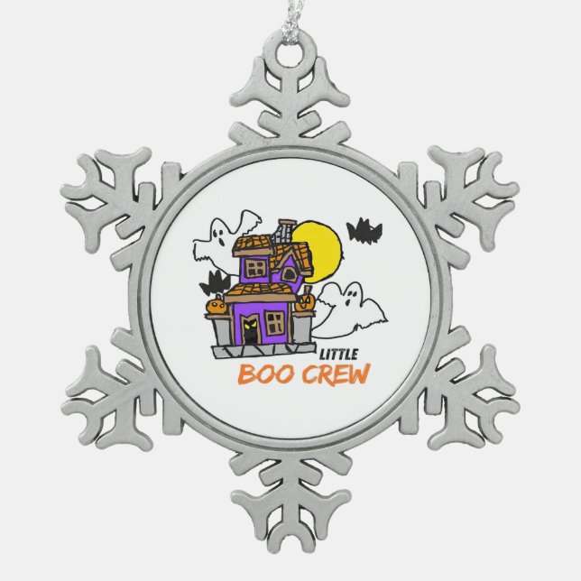 Hand Drawn Little Boo Crew Halloween Snowflake Pewter Christmas Ornament (Front)