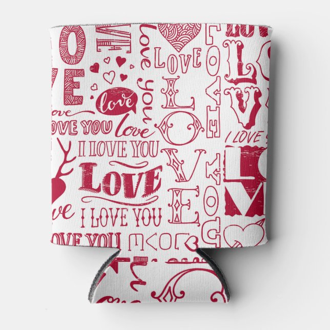 Hand-drawn love doodles, charming pattern. can cooler (Front)