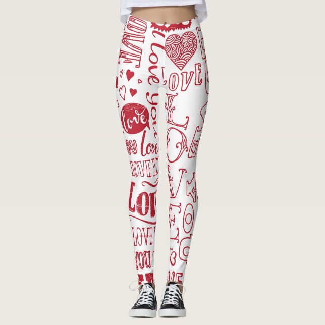 Hand-drawn love doodles, charming pattern. leggings (Front)