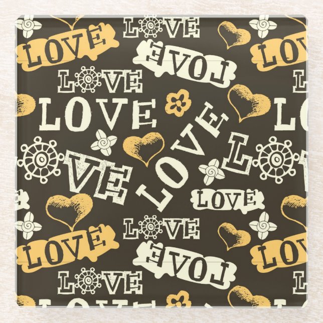 Hand Drawn Love Pattern Glass Coaster (Front)