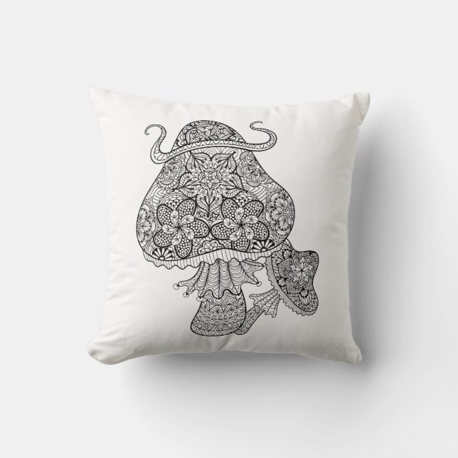 Hand Drawn Magic Mushrooms Doodle Throw Pillow (Front)