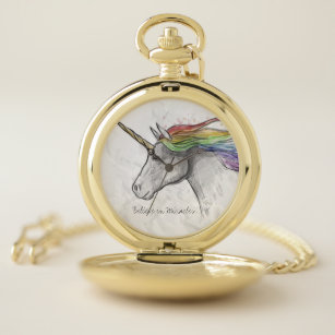 Hand Drawn Magical Unicorn. Believe in Miracles. Pocket Watch