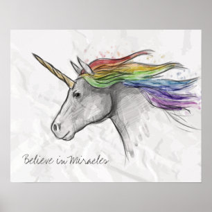 Hand Drawn Magical Unicorn. Believe in Miracles. Poster