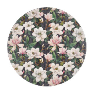 Hand-drawn magnolias: watercolor seamless. cutting board