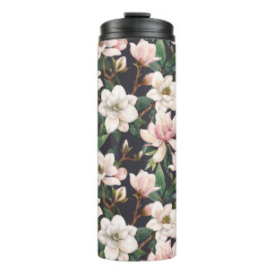 Hand-drawn magnolias: watercolor seamless. thermal tumbler