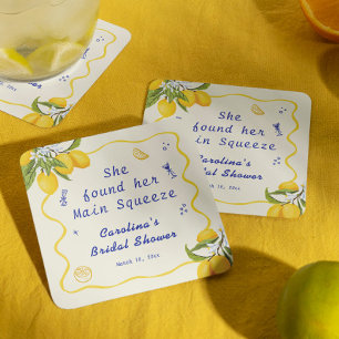 Hand Drawn Main Squeeze Bridal Shower Lemon  Square Paper Coaster